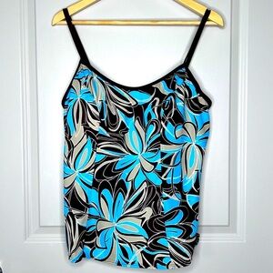 BALTEX Geometric Floral Tankini Swim Top Brown Vibrant Blue Women’s Plus Size 1X